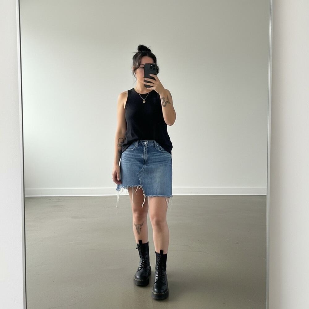 Asymmetric Frayed Raw Hem Distressed Jean Skirt in Medium Blue Denim Wash